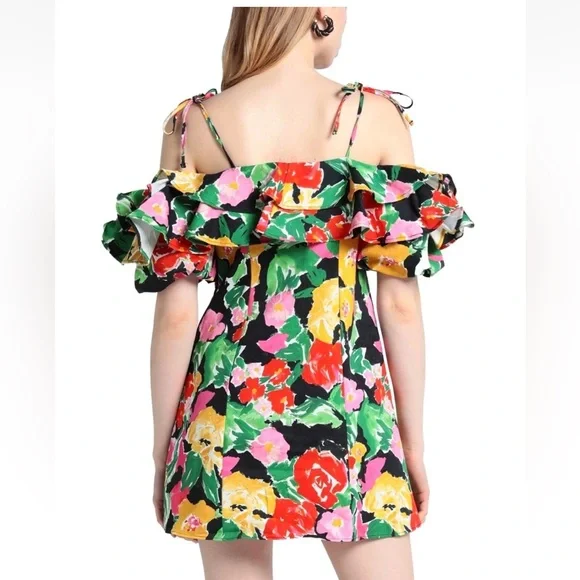 Top Shop‎ Off The Shoulder Bold Floral Ruffle Bardot Mini Dress 4 Feminine Fairy - Picture 6 of 9